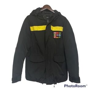 forever 21 mens medium coat jacket black puffer ski flags hooded Logo Full Zip S
